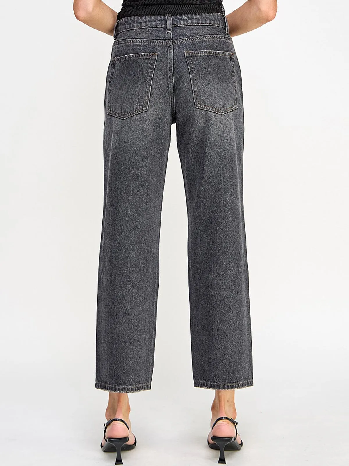 WOMEN'S BUTTON CLOSURE POCKETS WIDE LEG DENIM STUDS PANTS