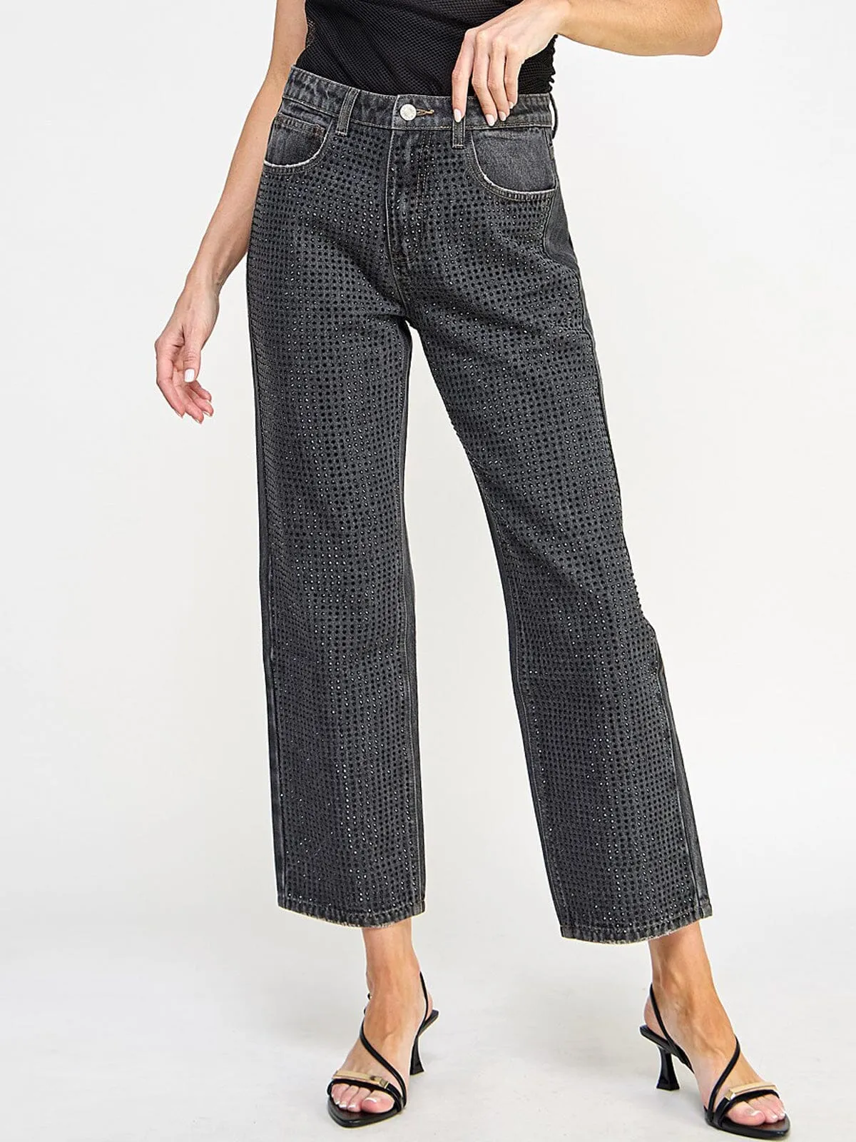 WOMEN'S BUTTON CLOSURE POCKETS WIDE LEG DENIM STUDS PANTS