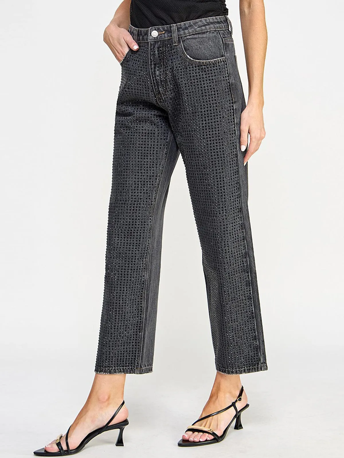 WOMEN'S BUTTON CLOSURE POCKETS WIDE LEG DENIM STUDS PANTS