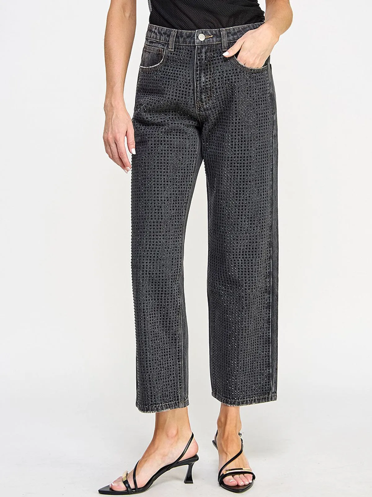 WOMEN'S BUTTON CLOSURE POCKETS WIDE LEG DENIM STUDS PANTS