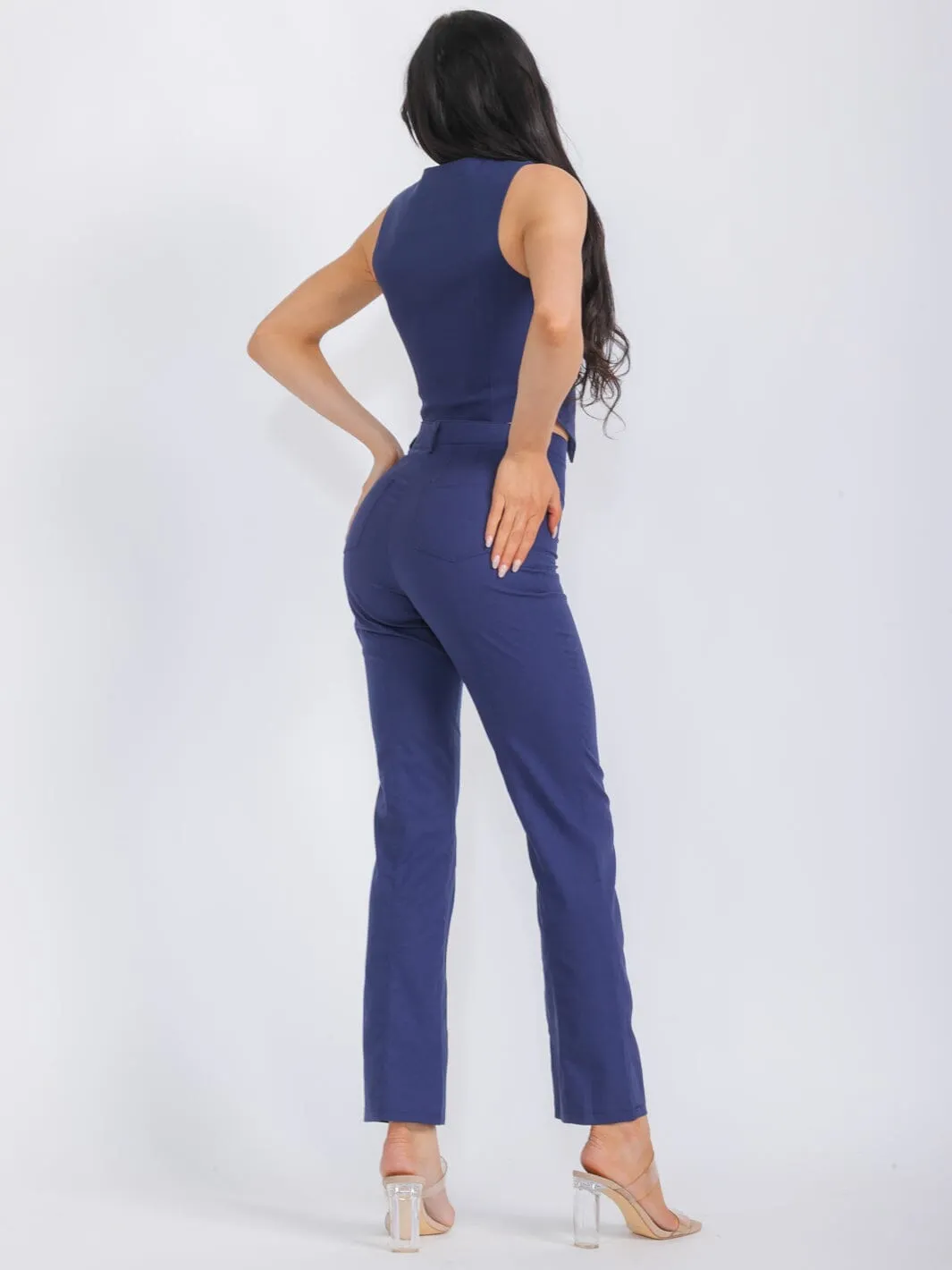 WOMEN'S BUTTON CLOSURE POCKETS WIDE LEG PANTS
