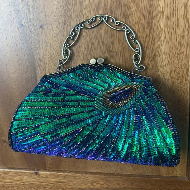 Women'S Clutches Evening Bags with Handle Peacock Pattern Sequins Beaded Bridal Handbags Luxury Lady Shoulder Messenger Purse