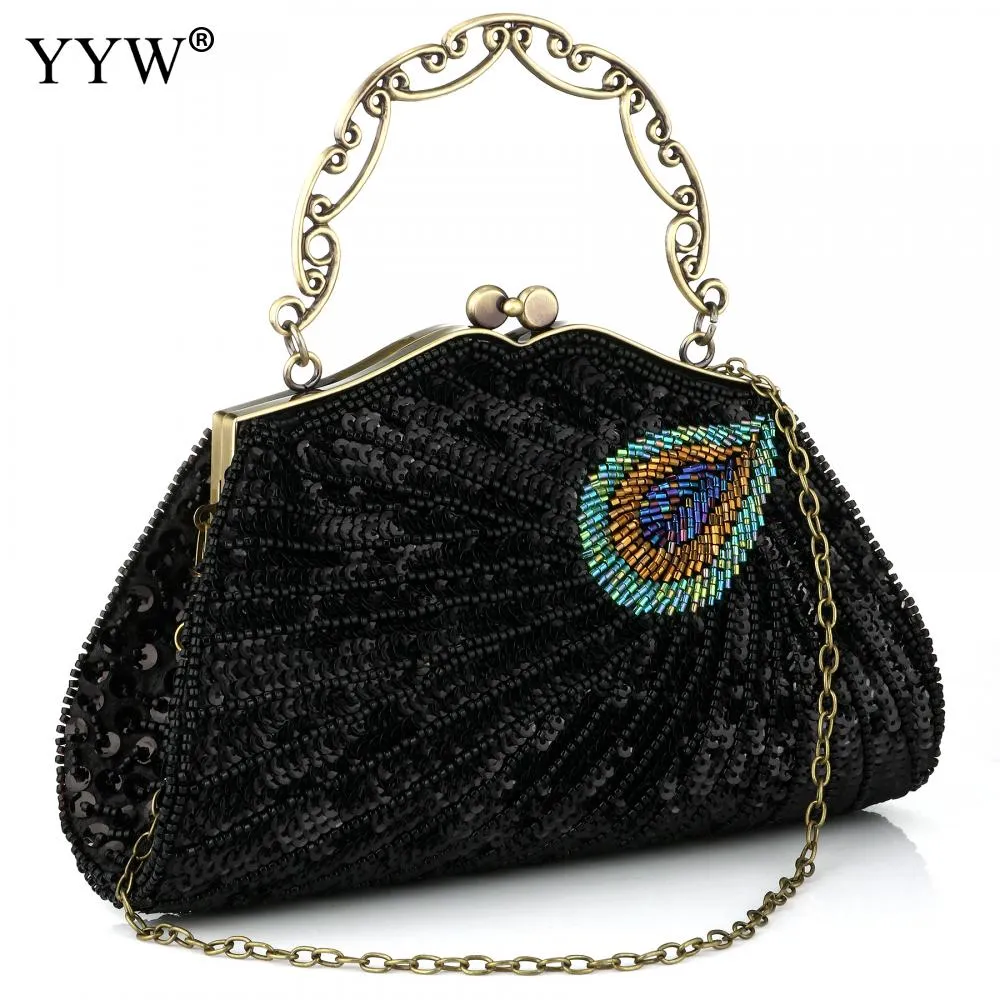 Women'S Clutches Evening Bags with Handle Peacock Pattern Sequins Beaded Bridal Handbags Luxury Lady Shoulder Messenger Purse