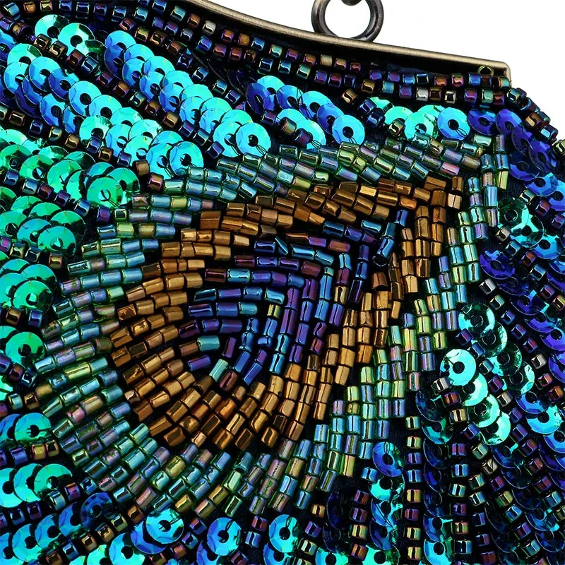 Women'S Clutches Evening Bags with Handle Peacock Pattern Sequins Beaded Bridal Handbags Luxury Lady Shoulder Messenger Purse