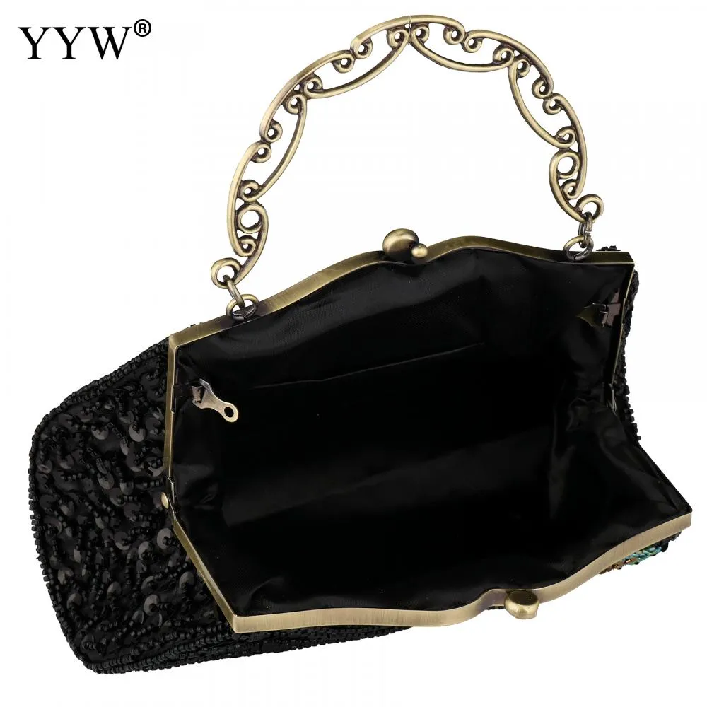 Women'S Clutches Evening Bags with Handle Peacock Pattern Sequins Beaded Bridal Handbags Luxury Lady Shoulder Messenger Purse