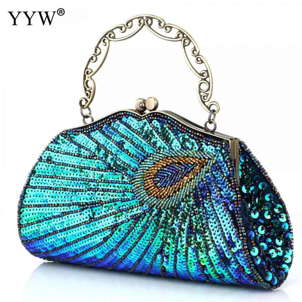 Women'S Clutches Evening Bags with Handle Peacock Pattern Sequins Beaded Bridal Handbags Luxury Lady Shoulder Messenger Purse