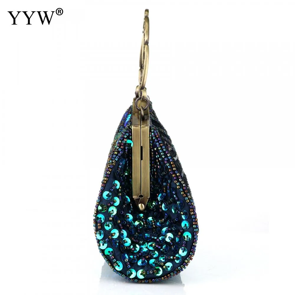 Women'S Clutches Evening Bags with Handle Peacock Pattern Sequins Beaded Bridal Handbags Luxury Lady Shoulder Messenger Purse