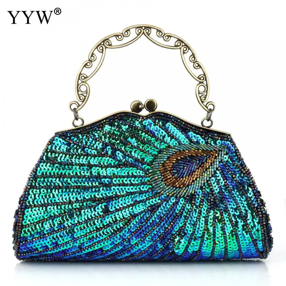 Women'S Clutches Evening Bags with Handle Peacock Pattern Sequins Beaded Bridal Handbags Luxury Lady Shoulder Messenger Purse