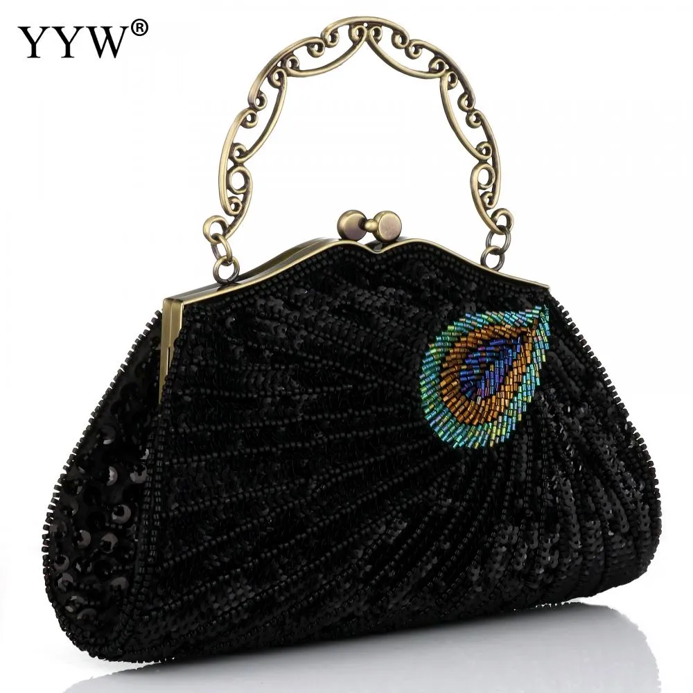 Women'S Clutches Evening Bags with Handle Peacock Pattern Sequins Beaded Bridal Handbags Luxury Lady Shoulder Messenger Purse