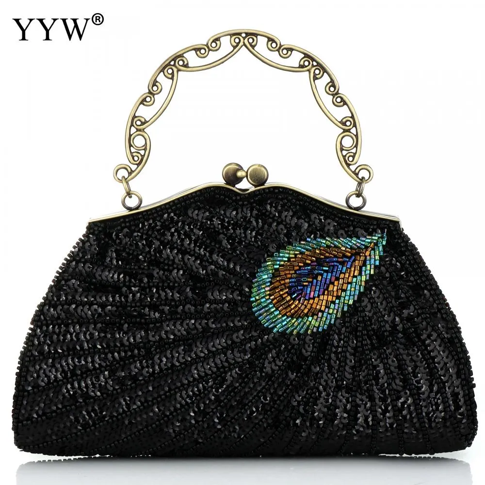 Women'S Clutches Evening Bags with Handle Peacock Pattern Sequins Beaded Bridal Handbags Luxury Lady Shoulder Messenger Purse