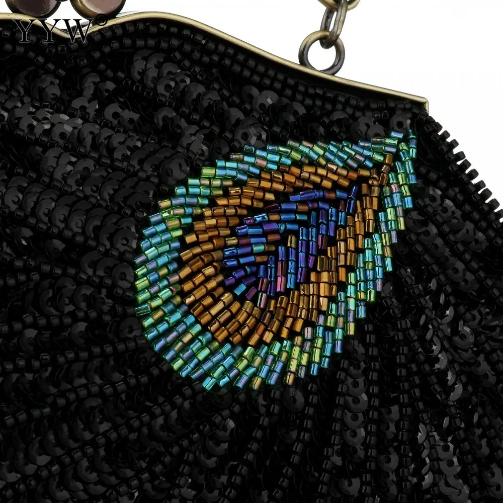 Women'S Clutches Evening Bags with Handle Peacock Pattern Sequins Beaded Bridal Handbags Luxury Lady Shoulder Messenger Purse