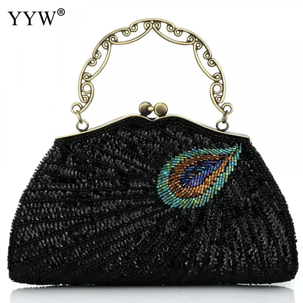 Women'S Clutches Evening Bags with Handle Peacock Pattern Sequins Beaded Bridal Handbags Luxury Lady Shoulder Messenger Purse