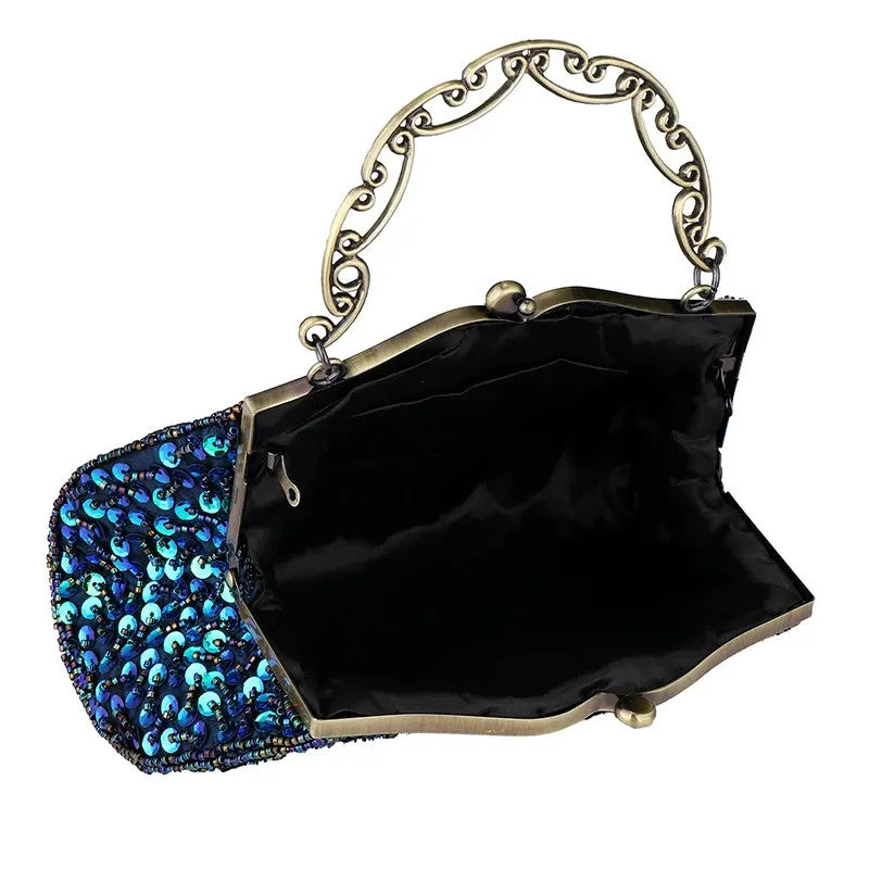 Women'S Clutches Evening Bags with Handle Peacock Pattern Sequins Beaded Bridal Handbags Luxury Lady Shoulder Messenger Purse