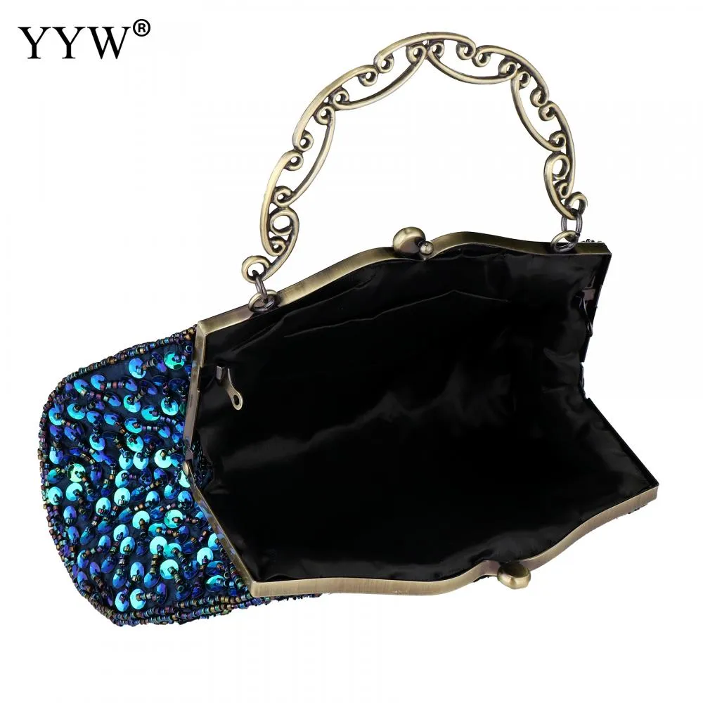 Women'S Clutches Evening Bags with Handle Peacock Pattern Sequins Beaded Bridal Handbags Luxury Lady Shoulder Messenger Purse