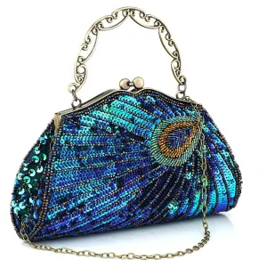 Women'S Clutches Evening Bags with Handle Peacock Pattern Sequins Beaded Bridal Handbags Luxury Lady Shoulder Messenger Purse