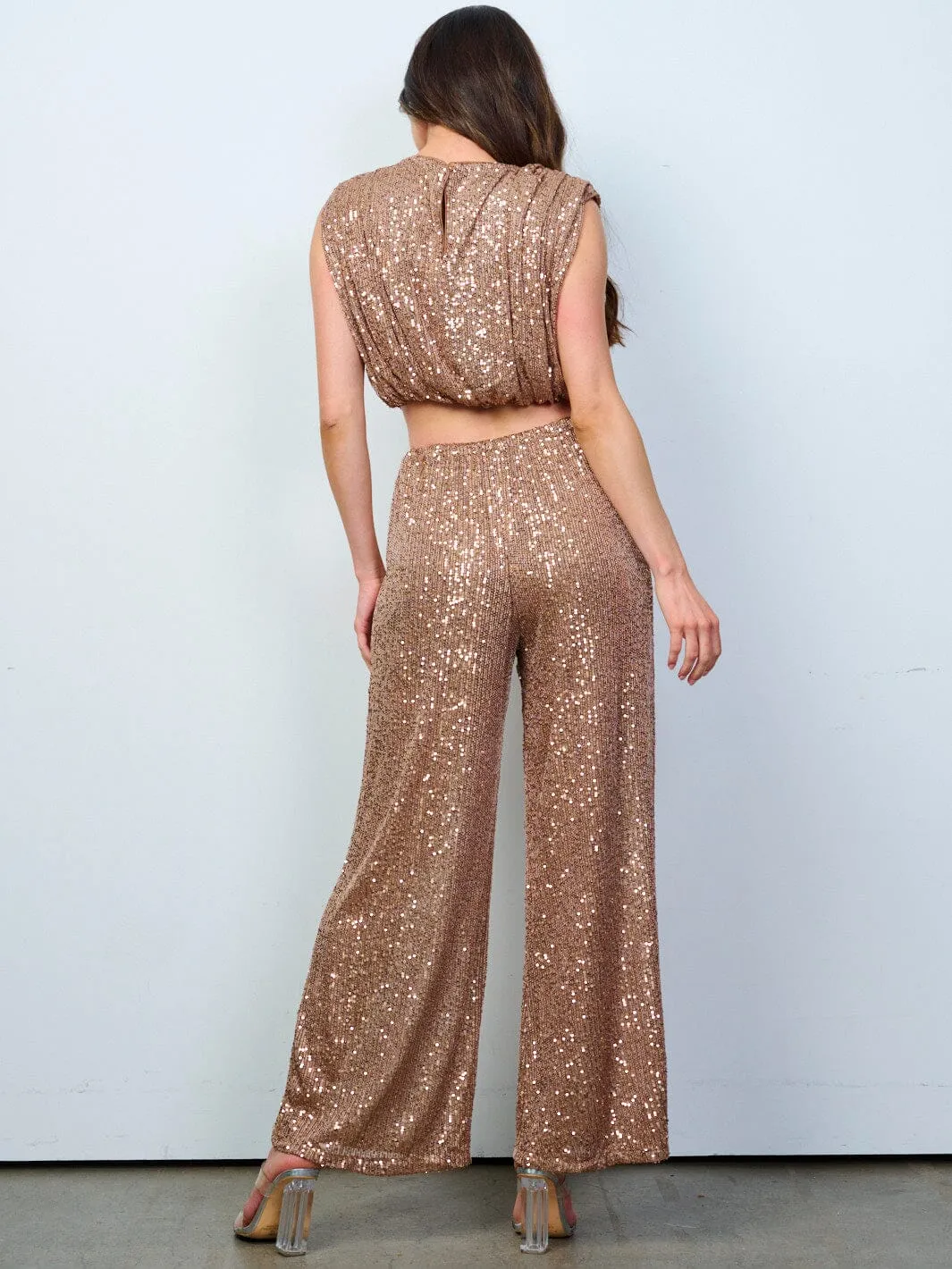 WOMEN'S ELASTIC WAIST FRONT POCKET WIDE LEG SEQUINS PANTS