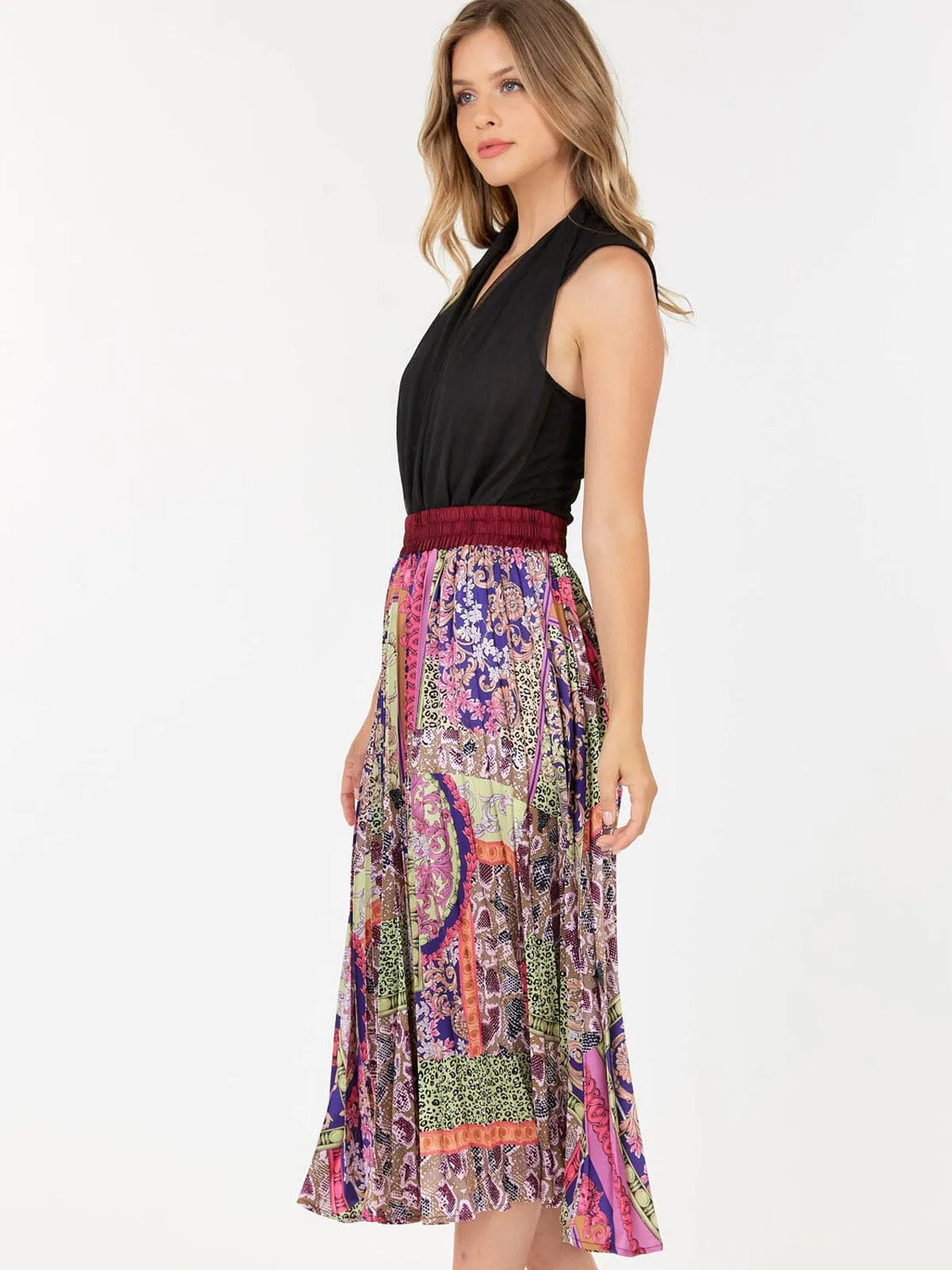 WOMEN'S ELASTIC WAIST MULTI PRINT PLEATED MIDI SKIRT