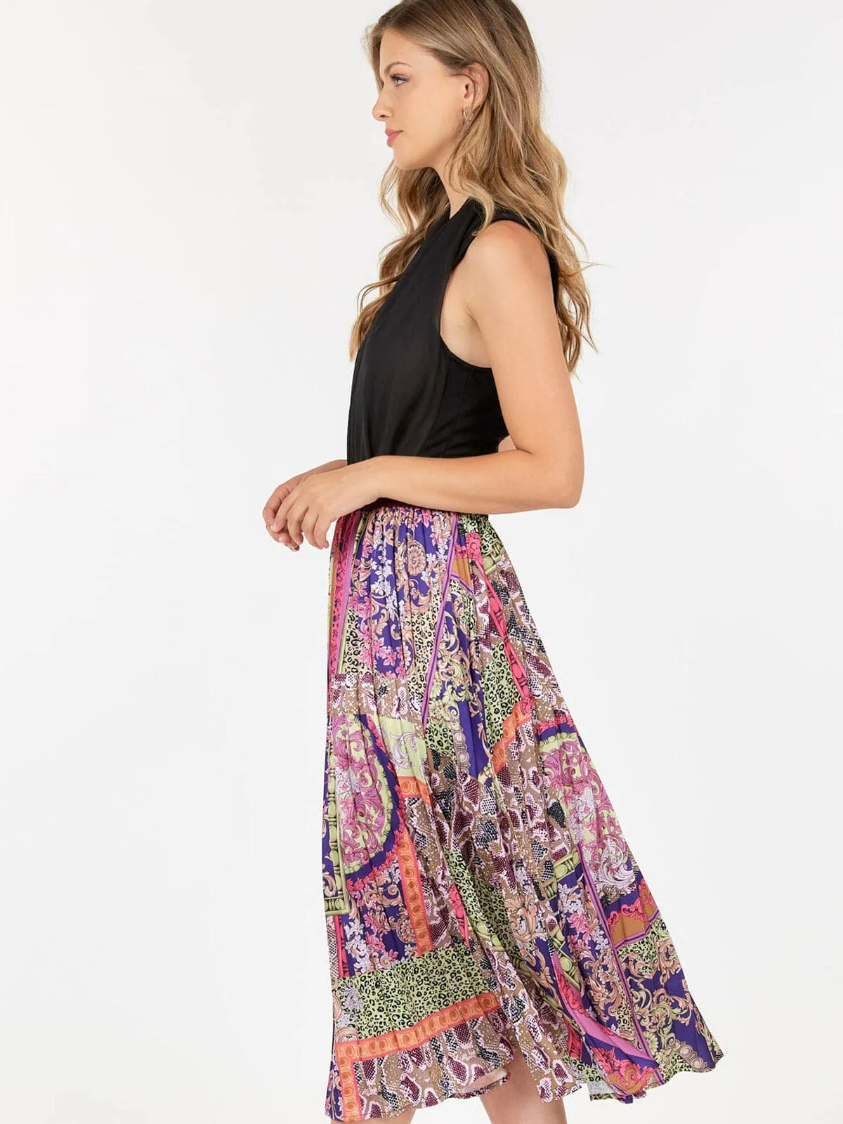 WOMEN'S ELASTIC WAIST MULTI PRINT PLEATED MIDI SKIRT