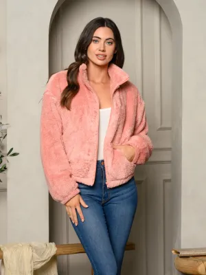 WOMEN'S FUZZY COLLAR ZIPPER CLOSURE BOMBER JACKET