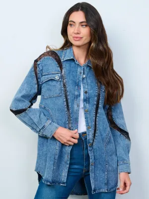 WOMEN'S LONG SLEEVE BUTTON CLOSURE FRONT POCKET LACE DENIM CONTRAST OVERSIZED TOP
