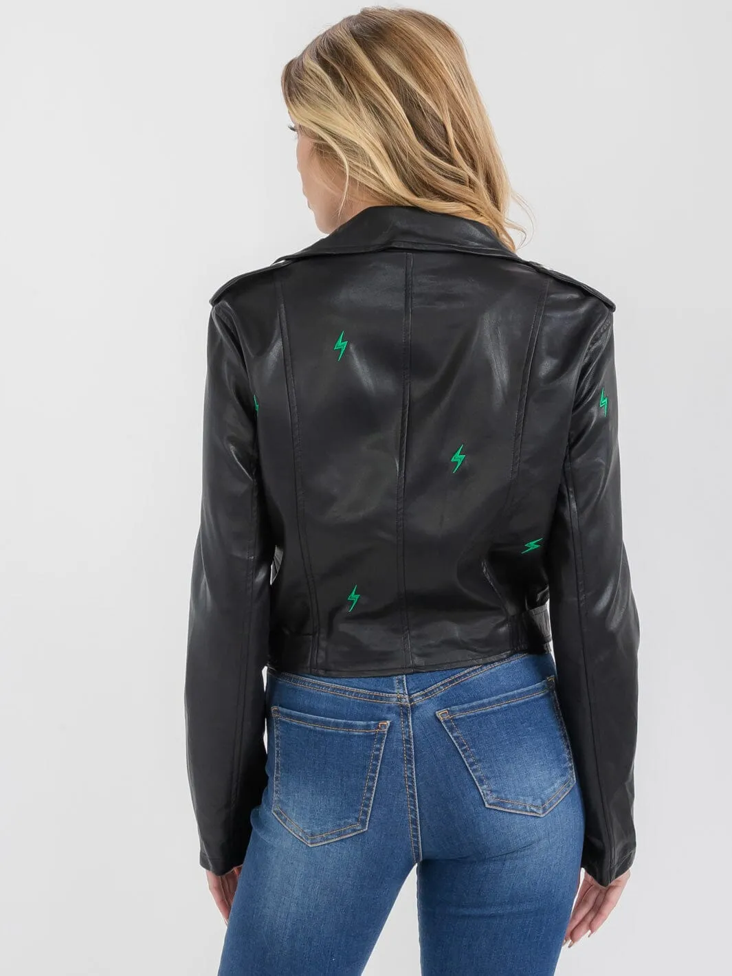 WOMEN'S LONG SLEEVE BUTTON CLOSURE FRONT POCKET PU PLEATHER JACKET