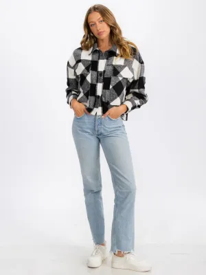 WOMEN'S LONG SLEEVE BUTTON CLOSURE FRONT POCKETS PLAID CROP JACKET