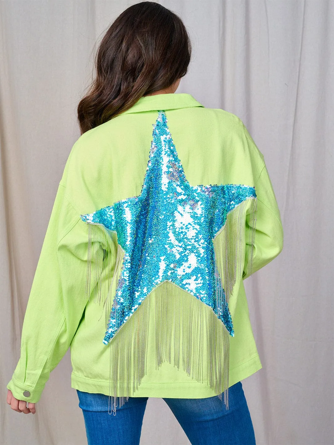 WOMEN'S LONG SLEEVE BUTTON CLOSURE FRONT POCKETS SEQUINS STAR COLORBLOCK DENIM JACKET