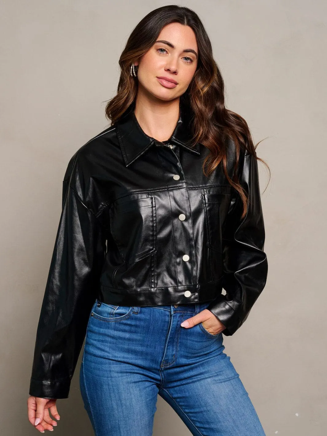 WOMEN'S LONG SLEEVE BUTTON CLOSURE POCKETS PU PLEATHER JACKET