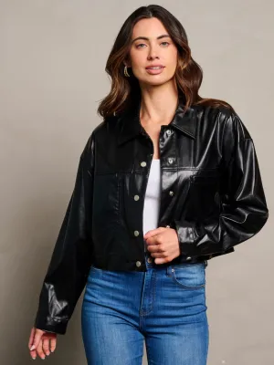 WOMEN'S LONG SLEEVE BUTTON CLOSURE POCKETS PU PLEATHER JACKET