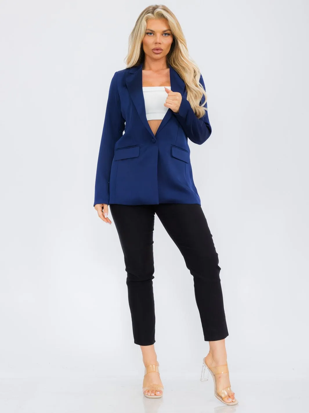 WOMEN'S LONG SLEEVE BUTTON CLOSURE POCKETS SATIN BLAZER