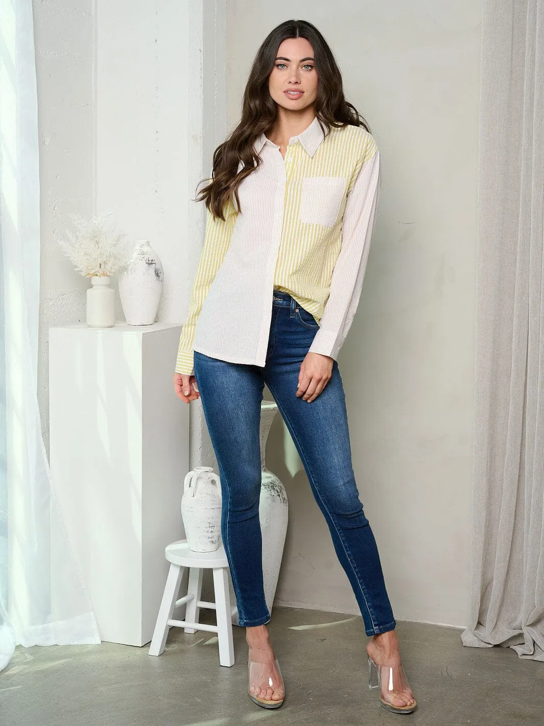 WOMEN'S LONG SLEEVE BUTTON UP COLORBLOCK TOP
