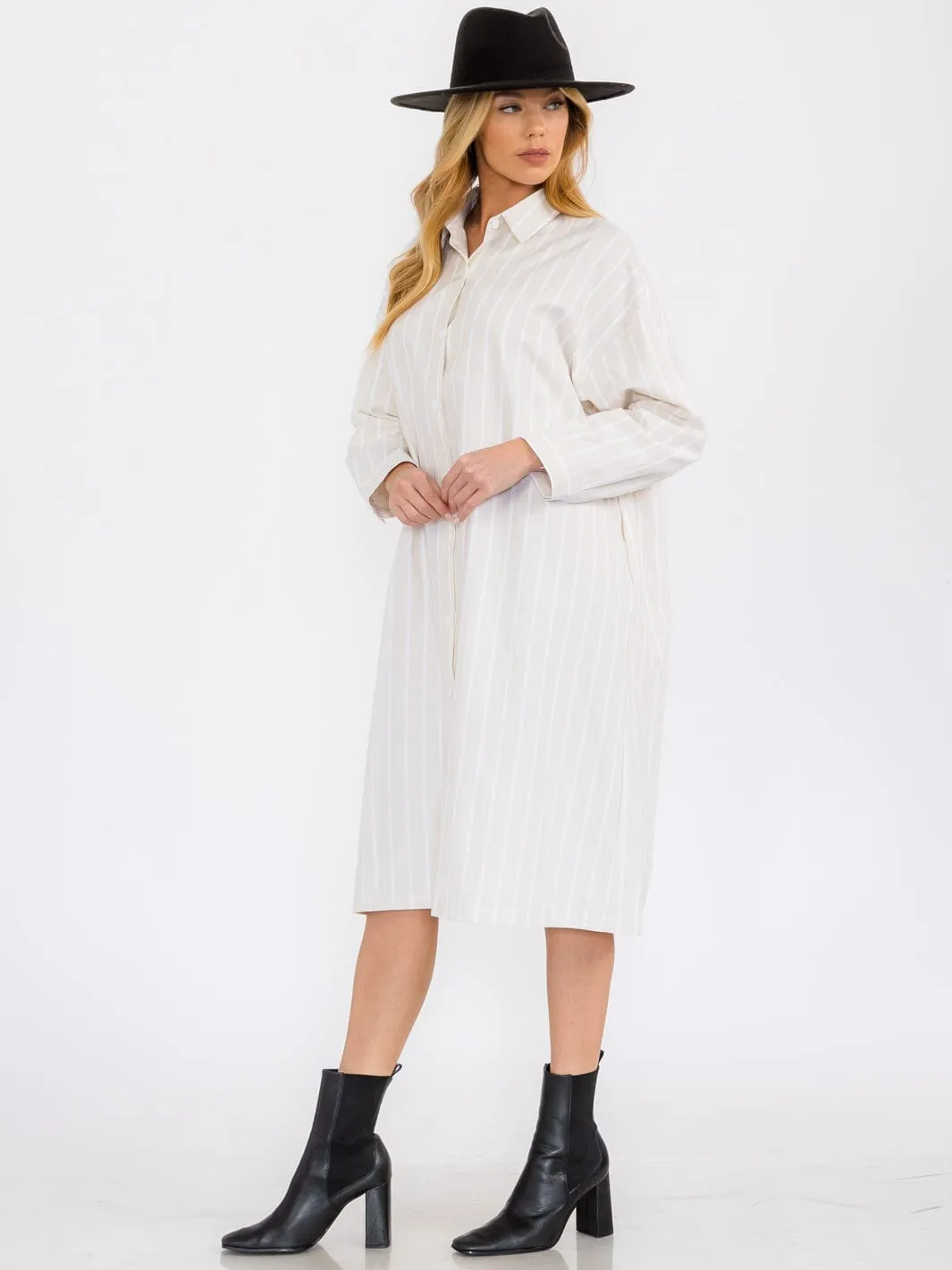 WOMEN'S LONG SLEEVE BUTTON UP DTRIPES TUNIC MIDI DRESS