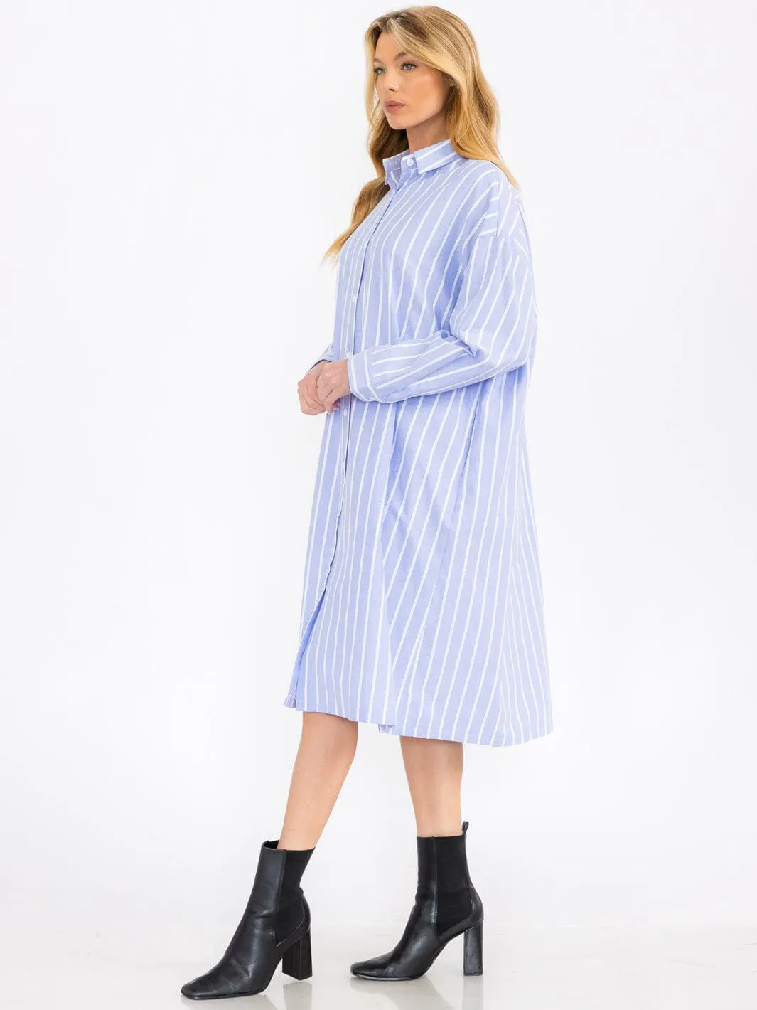 WOMEN'S LONG SLEEVE BUTTON UP DTRIPES TUNIC MIDI DRESS