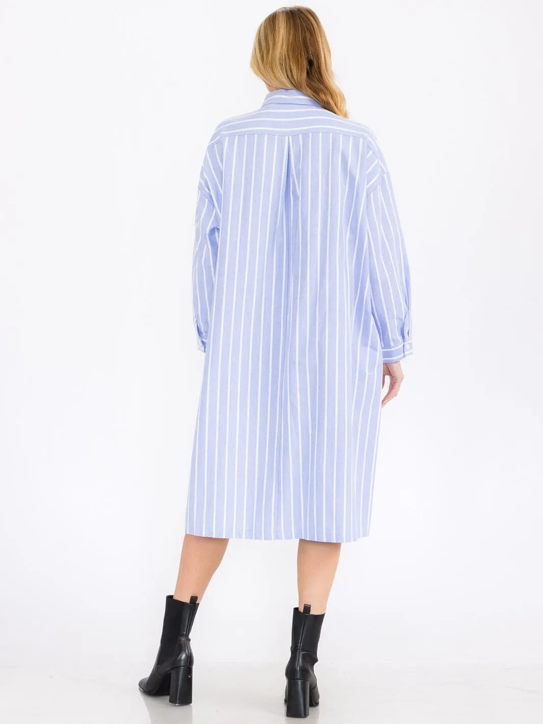 WOMEN'S LONG SLEEVE BUTTON UP DTRIPES TUNIC MIDI DRESS