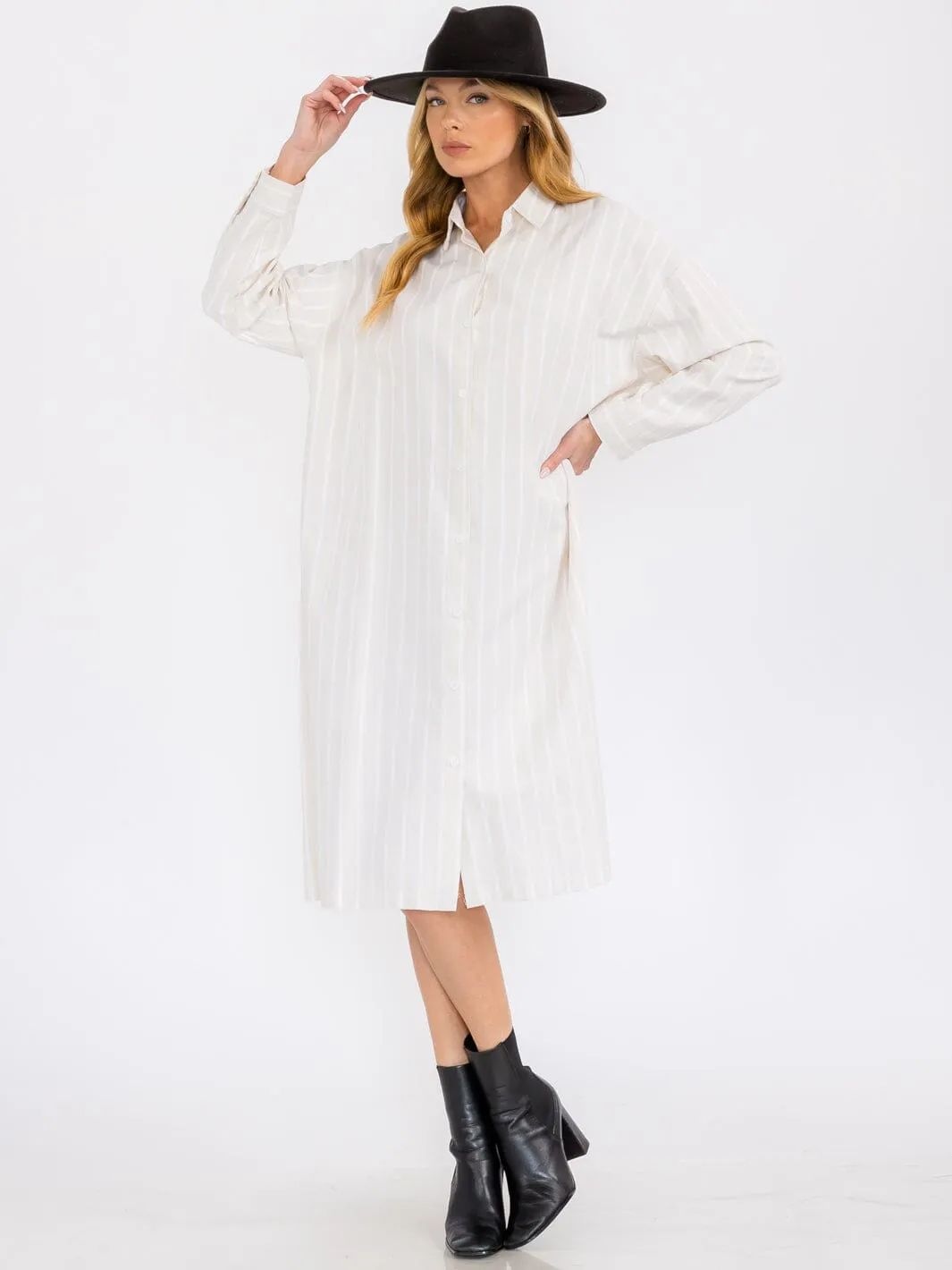 WOMEN'S LONG SLEEVE BUTTON UP DTRIPES TUNIC MIDI DRESS