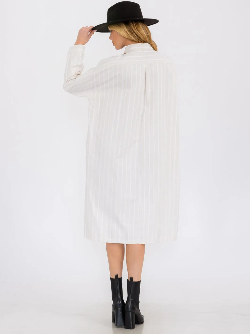 WOMEN'S LONG SLEEVE BUTTON UP DTRIPES TUNIC MIDI DRESS