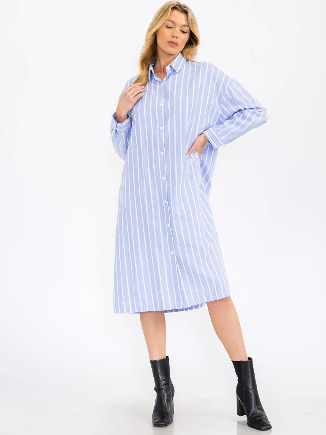 WOMEN'S LONG SLEEVE BUTTON UP DTRIPES TUNIC MIDI DRESS
