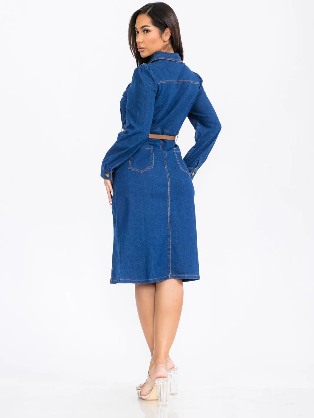 WOMEN'S LONG SLEEVE BUTTON UP FRONT BELT POCKETS DENIM MIDI DRESS