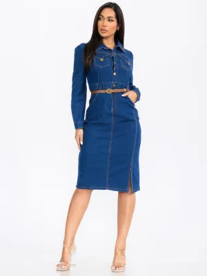WOMEN'S LONG SLEEVE BUTTON UP FRONT BELT POCKETS DENIM MIDI DRESS