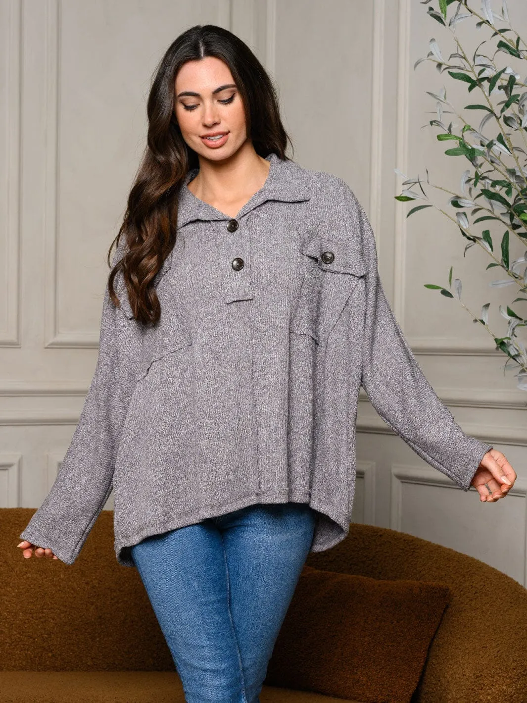 WOMEN'S LONG SLEEVE BUTTON UP FRONT POCKET TOP