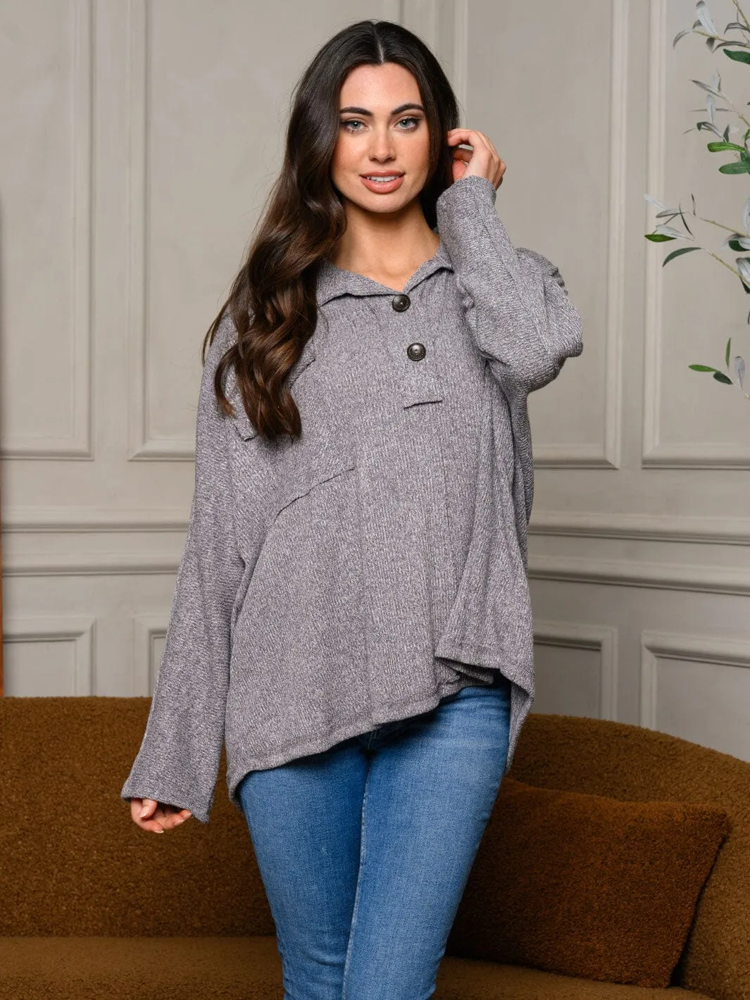 WOMEN'S LONG SLEEVE BUTTON UP FRONT POCKET TOP
