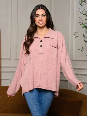 WOMEN'S LONG SLEEVE BUTTON UP FRONT POCKET TOP