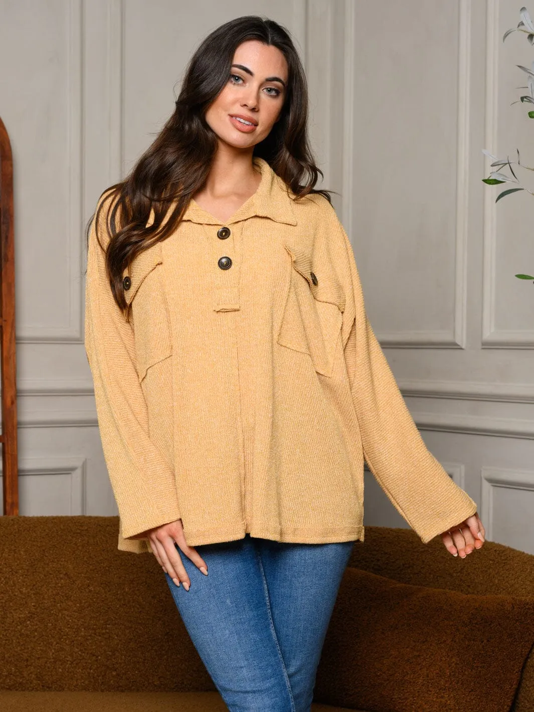 WOMEN'S LONG SLEEVE BUTTON UP FRONT POCKET TOP