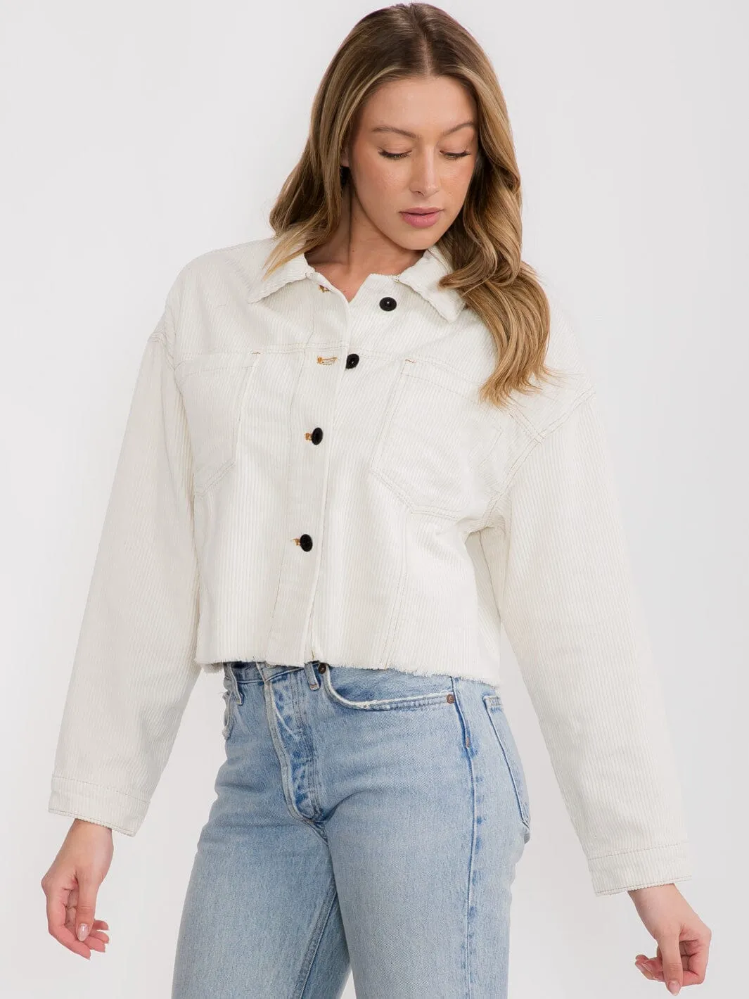 WOMEN'S LONG SLEEVE BUTTON UP FRONT POCKETS CORDUROY JACKET