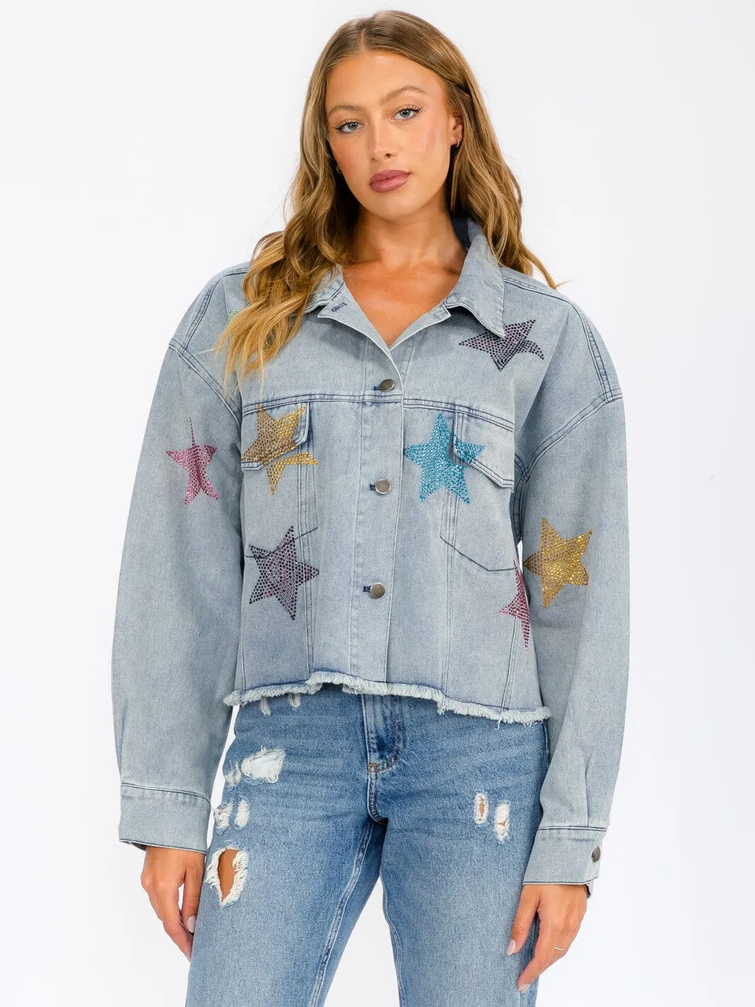 WOMEN'S LONG SLEEVE BUTTON UP POCKETS  STUDS PRINT DENIM JACKET