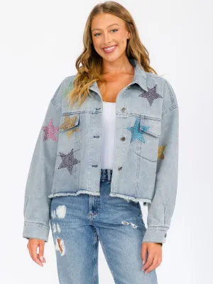 WOMEN'S LONG SLEEVE BUTTON UP POCKETS  STUDS PRINT DENIM JACKET