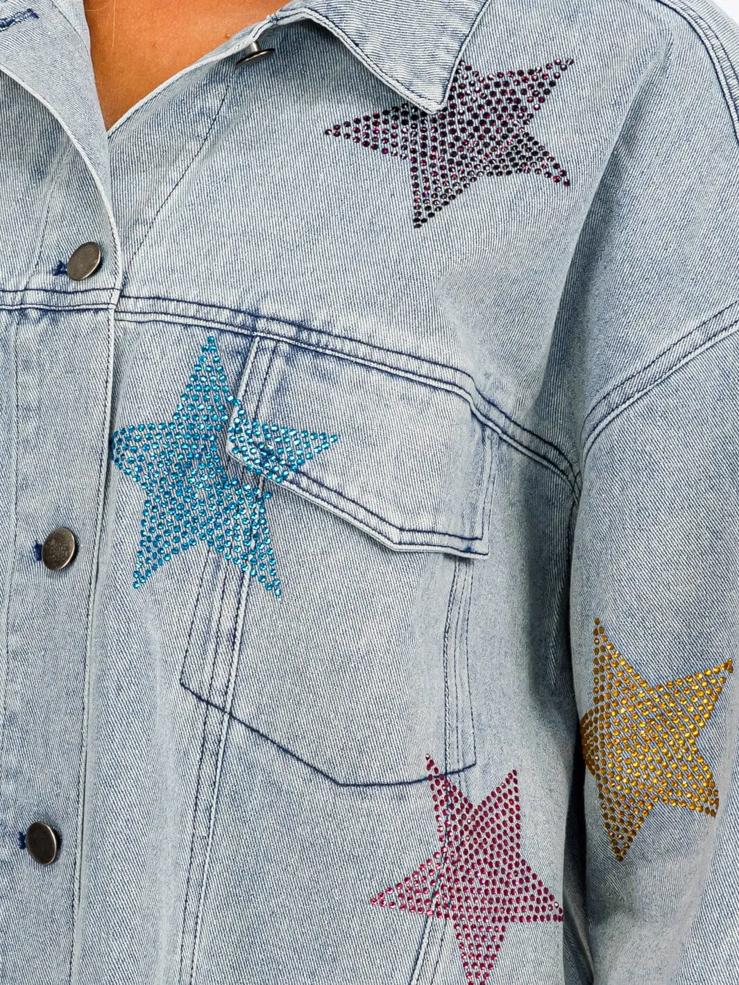 WOMEN'S LONG SLEEVE BUTTON UP POCKETS  STUDS PRINT DENIM JACKET