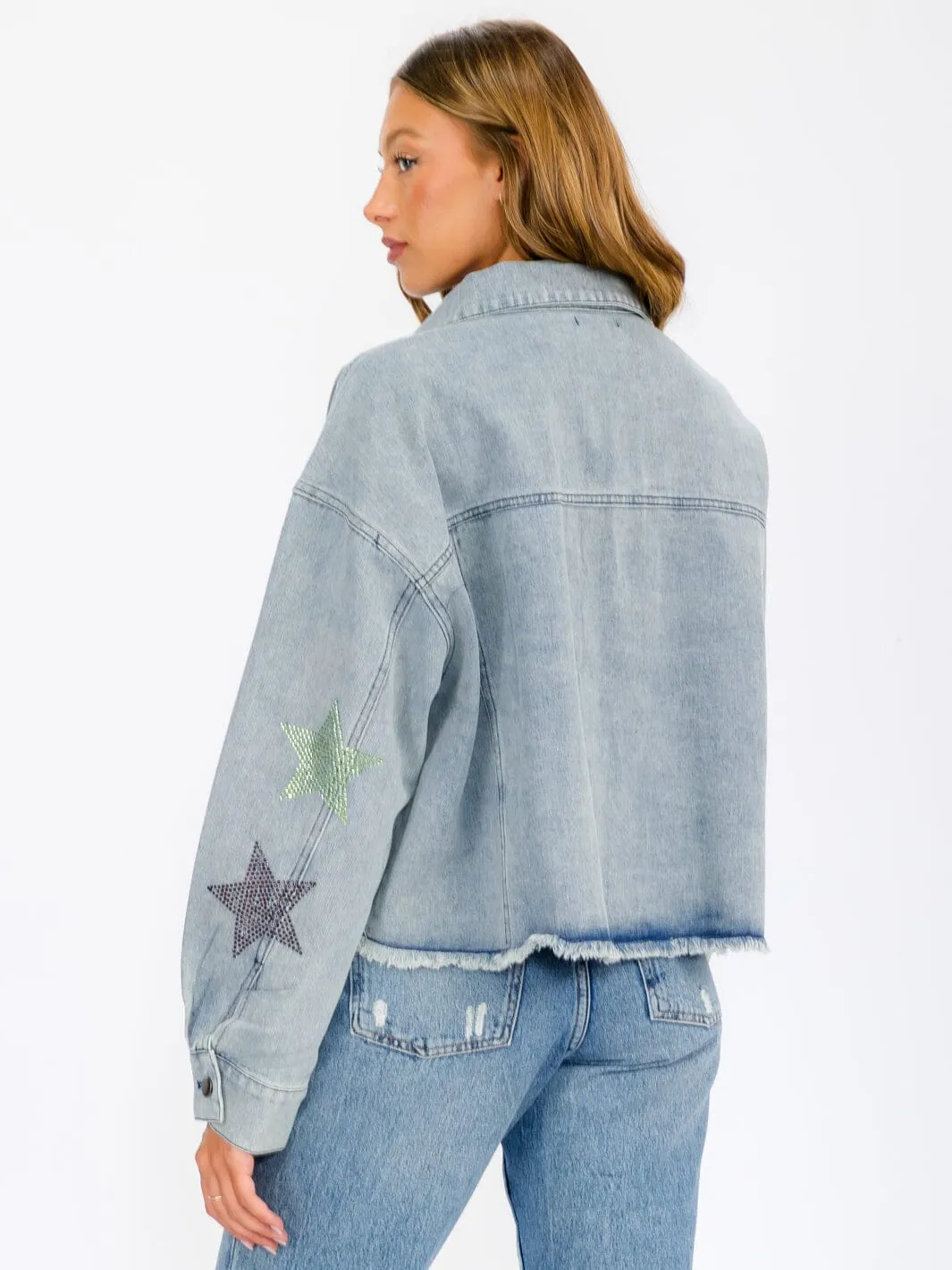 WOMEN'S LONG SLEEVE BUTTON UP POCKETS  STUDS PRINT DENIM JACKET