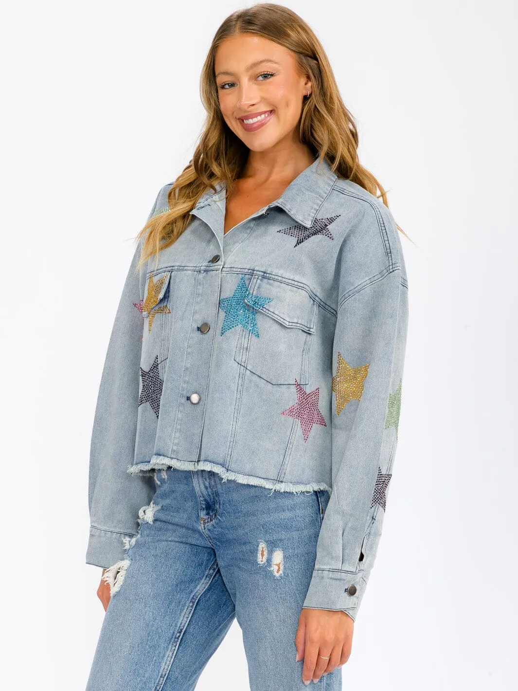 WOMEN'S LONG SLEEVE BUTTON UP POCKETS  STUDS PRINT DENIM JACKET