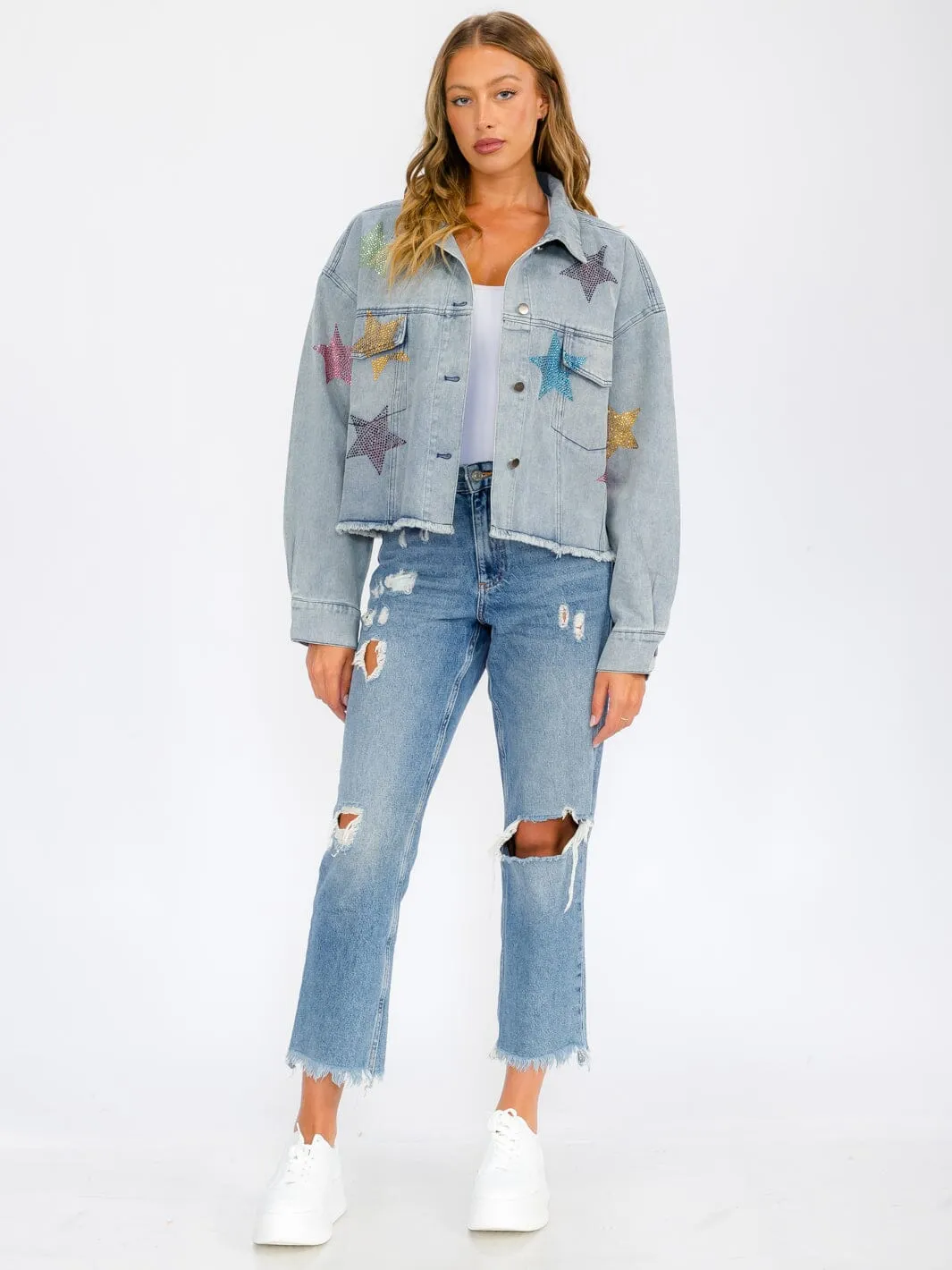 WOMEN'S LONG SLEEVE BUTTON UP POCKETS  STUDS PRINT DENIM JACKET